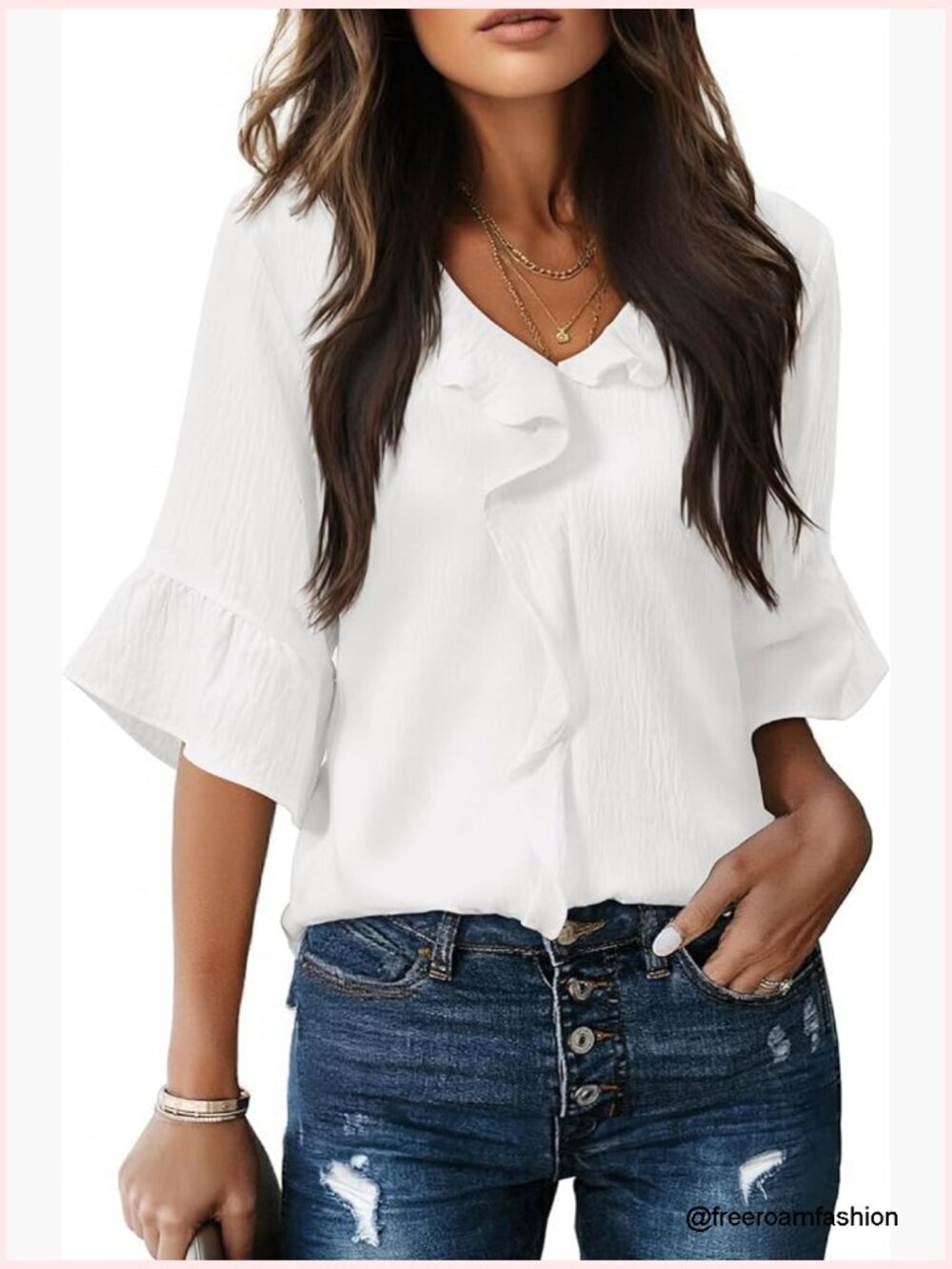 3/4 Sleeve Ruffle Bell Blouse V-Neck Dressy Casual Work Top